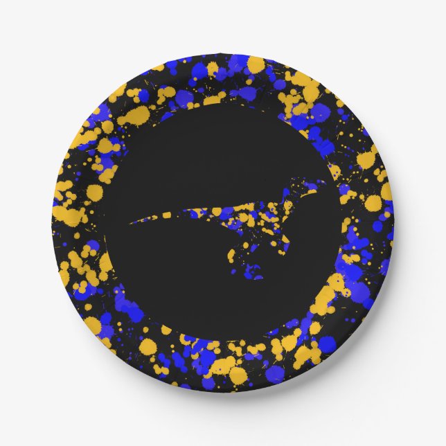 Plato De Papel Pintura salpicada de Raptor Azul Amarillo (Anverso)
