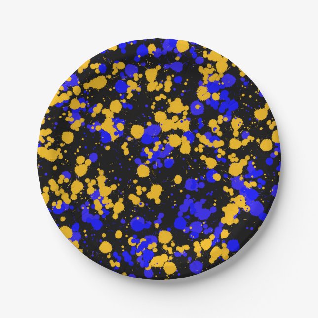 Plato De Papel Pintura Salpicada Raptor Azul Amarillo  (Anverso)