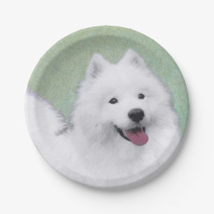 Plato De Papel Pintura samoyada - Arte de perro original curado