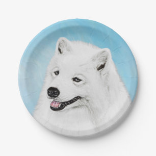 Plato De Papel Pintura samoyada - Arte de perro original curado