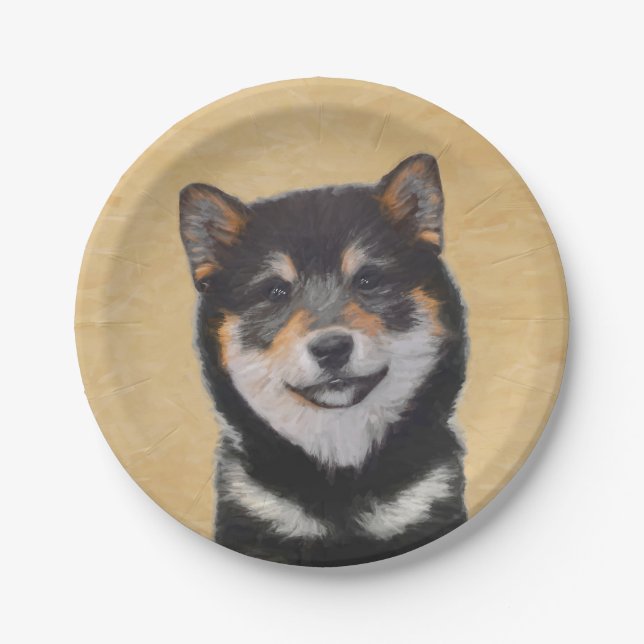 Plato De Papel Pintura Shiba Inu (Negro y Tan) - Arte de perro (Anverso)