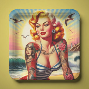 Plato De Papel Pinza bikini retro tatuada