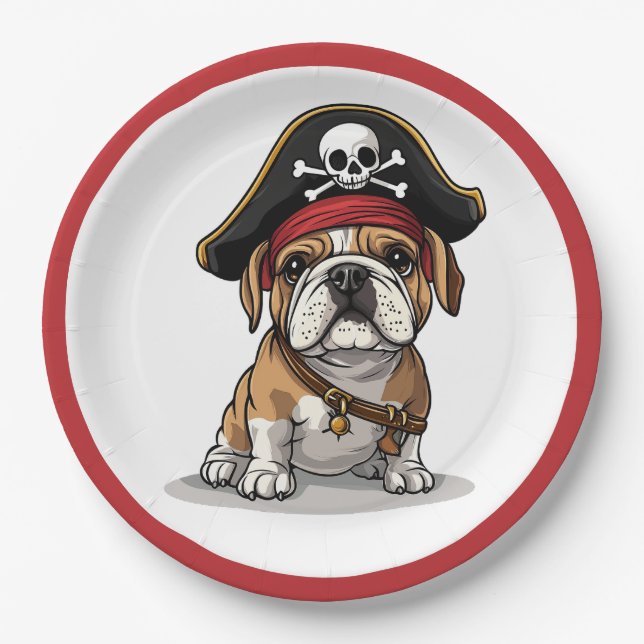 Plato De Papel Pirate Bulldog inglés Skull Crossbone (Anverso)