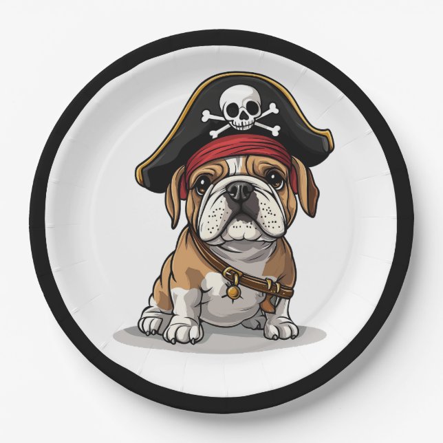 Plato De Papel Pirate Bulldog inglés Skull Crossbone (Anverso)