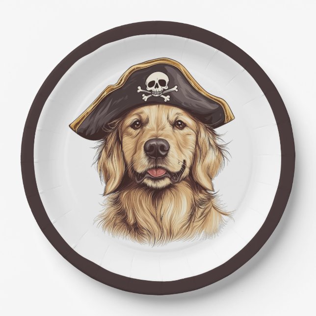 Plato De Papel Pirate Golden Retriever Dog Skull (Anverso)