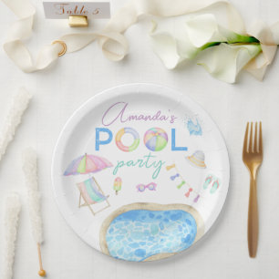Plato De Papel Piscina de acuarela Fiesta de cumpleaños Piscina d
