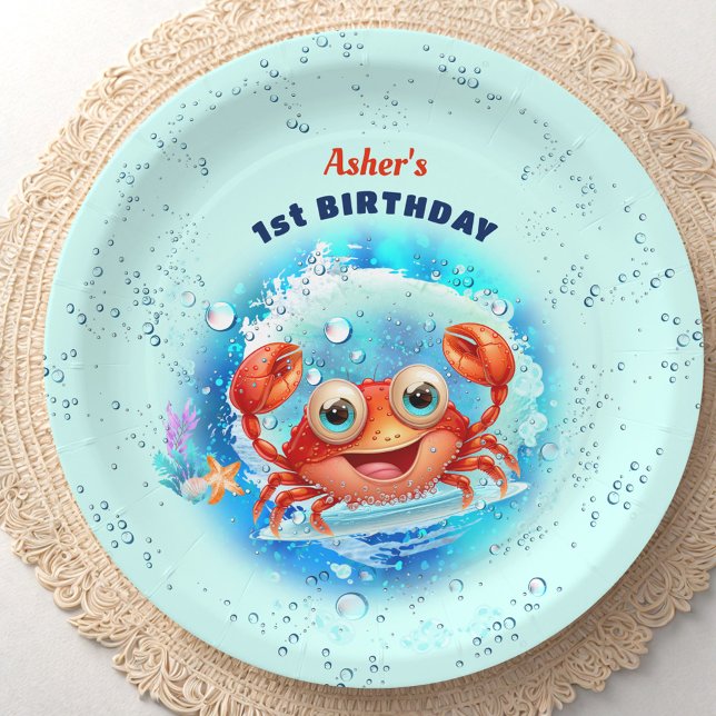 Plato De Papel Piscina de cangrejo Azul Primer cumpleaños Fiesta  (Crab Pool Blue 1st Birthday Party Boy Custom Age Paper Plates)