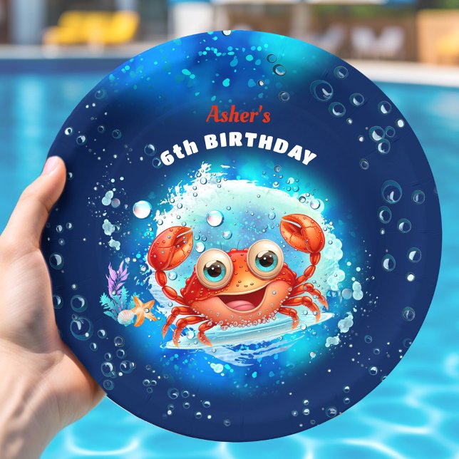Plato De Papel Piscina de cangrejo marina fiesta de cumpleaños az (Crab Pool Navy Blue Birthday Party Boy Custom Age Paper Plates)