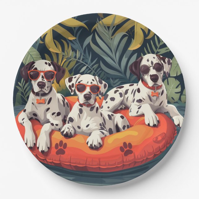 Plato De Papel Piscina de piña de verano de perros dálmatas flota (Anverso)