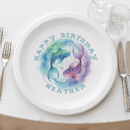 Plato De Papel Piscis Zodíaco Acuarela Peces Astrología Cumpleaño
