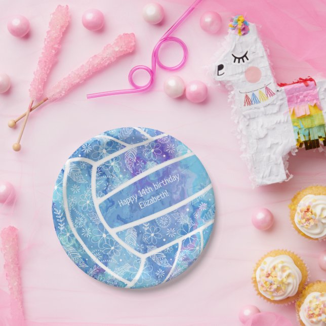 Plato De Papel Pislies plumas flores patrón voleibol azul (Fiesta)