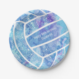 Plato De Papel Pislies plumas flores patrón voleibol azul