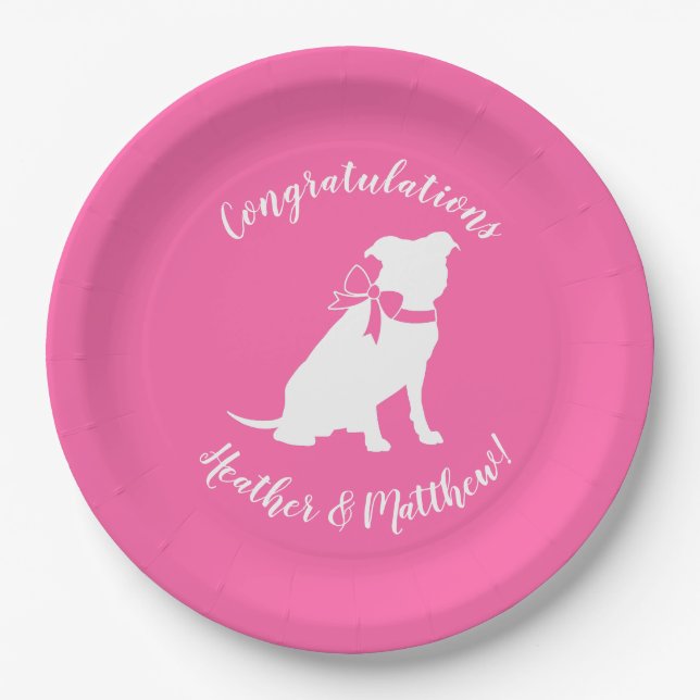 Plato De Papel Pitbull, Chica rosado de Baby Shower Bulldog Pit (Anverso)