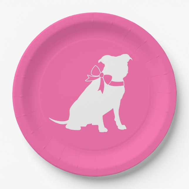 Plato De Papel Pitbull, Chica rosado de Baby Shower Bulldog Pit (Anverso)