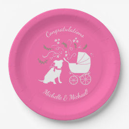 Plato De Papel Pitbull, Chica rosado de Baby Shower Bulldog Pit