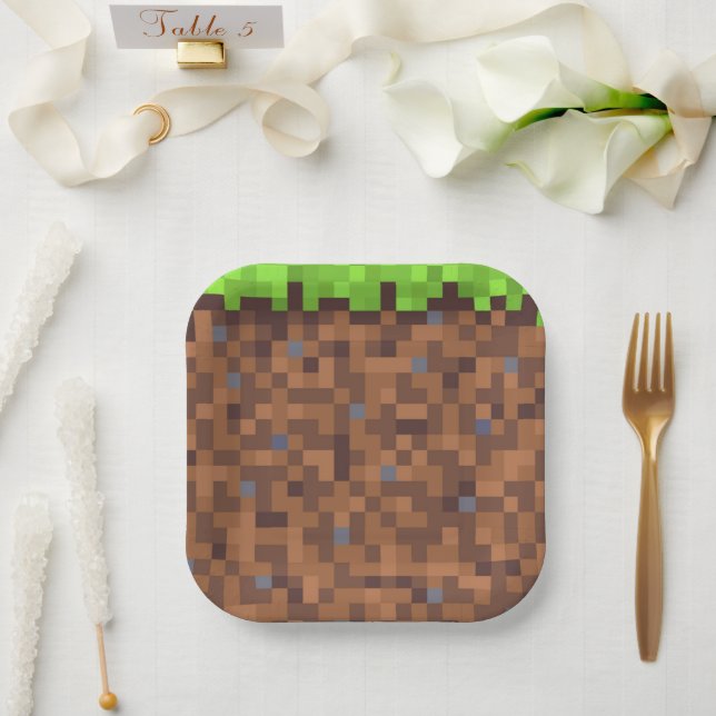 Plato De Papel Pixel grass gamer birthday  (Boda)