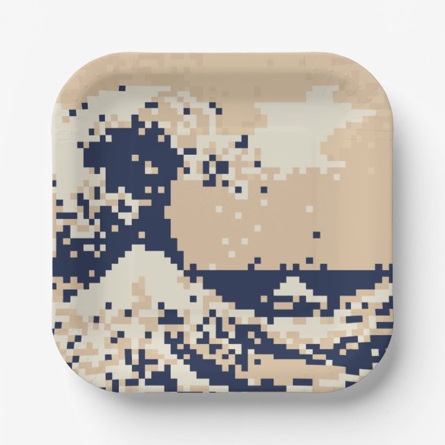 Plato De Papel Pixel Tsunami 8 bits arte de píxeles (Anverso)