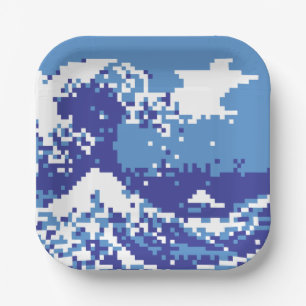 Plato De Papel Pixel Tsunami Blue 8 bit Pixel Art