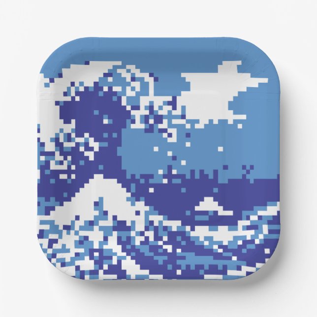 Plato De Papel Pixel Tsunami Blue 8 bit Pixel Art (Anverso)