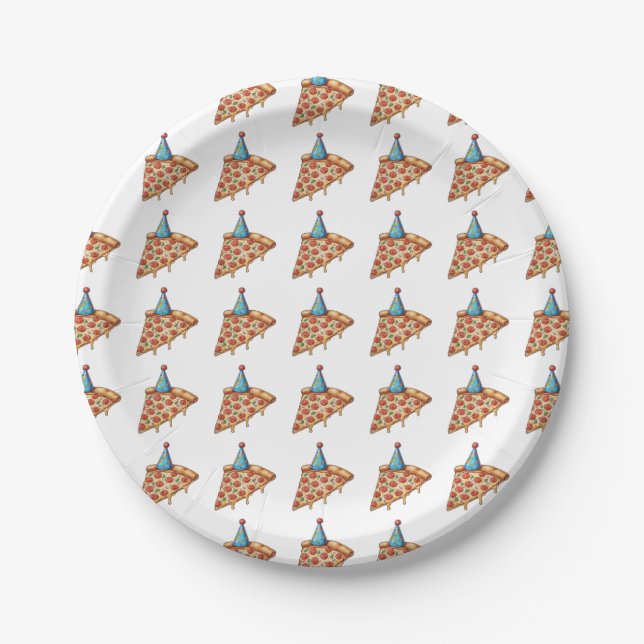 Plato De Papel pizza con gorra de cumpleaños (Anverso)