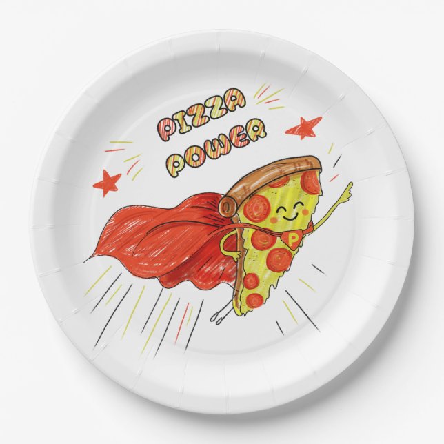 Plato De Papel Pizza Poder – Rebanada de Pizza de Superhéroe Dive (Anverso)