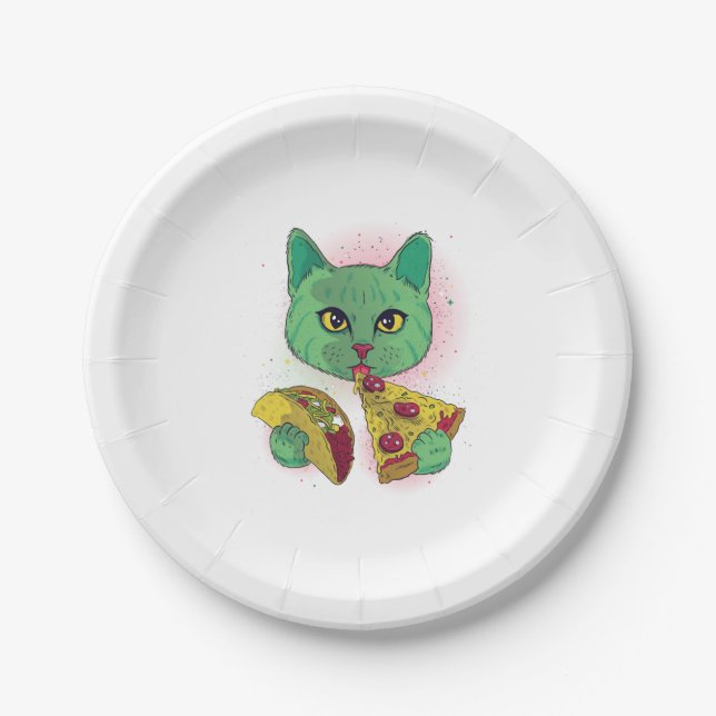 Plato De Papel Pizza y taco para comer gato cósmico (Anverso)