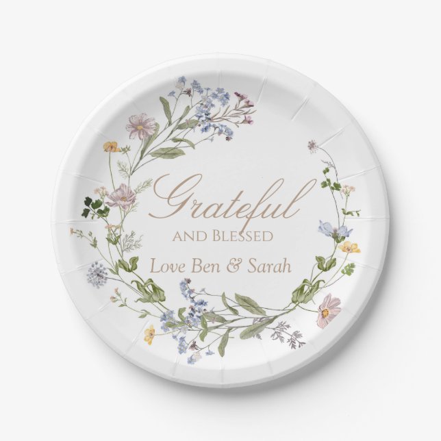 Plato De Papel Placa acuarela de flores silvestres agradecida y b (Anverso)