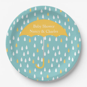 Plato De Papel Placa amarilla de Baby Shower del paraguas