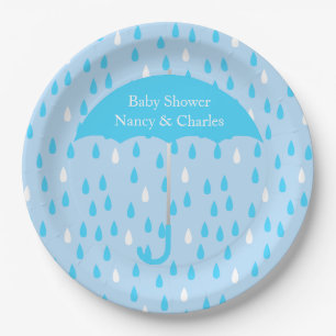 Plato De Papel Placa azul de Baby Shower del paraguas