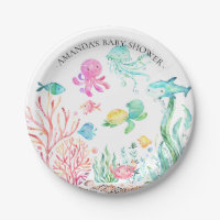 Placa Baby Shower 7" de color de agua bajo el mar