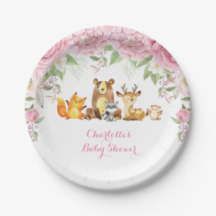 Plato De Papel Placa Baby Shower 7" de color rosa de madera flora