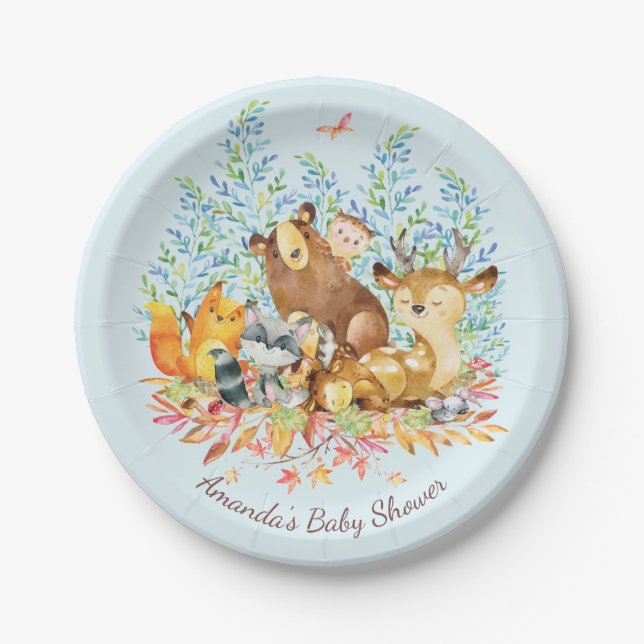Plato De Papel Placa Baby Shower 7" de Woodland Animals (Anverso)