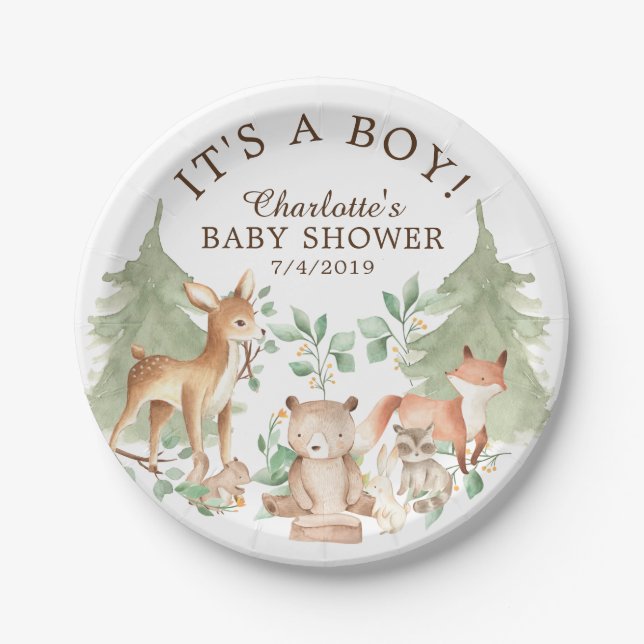 Plato De Papel Placa Baby Shower 7" de Woodland Animals (Anverso)