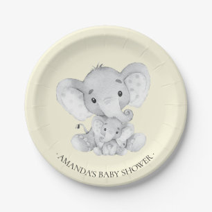 Plato De Papel Placa Baby Shower 7" para elefantes dulces neutros