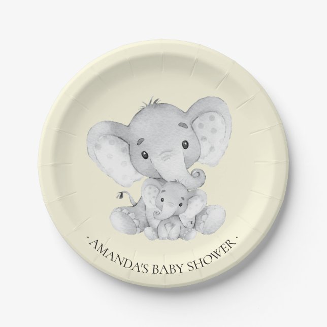 Plato De Papel Placa Baby Shower 7" para elefantes dulces neutros (Anverso)