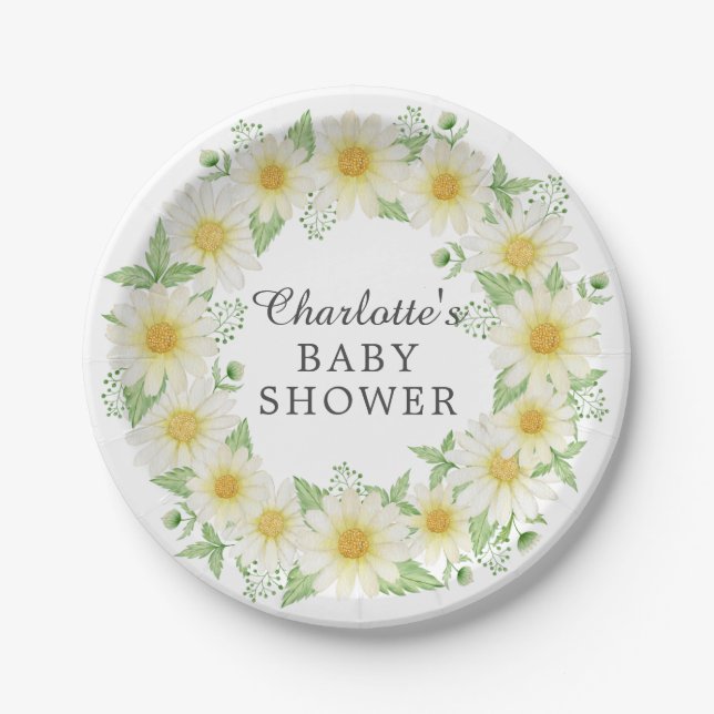 Plato De Papel Placa Baby Shower de 7" de margarita fresca (Anverso)