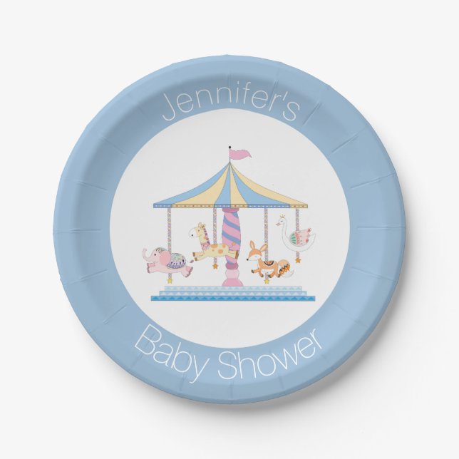 Plato De Papel Placa Baby Shower de carrusel animal (Anverso)