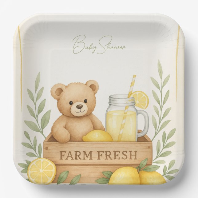 Plato De Papel Placa Baby Shower de limón de oso (Anverso)