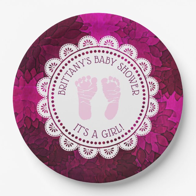 Plato De Papel Placa Baby Shower de magenta personalizada (Anverso)
