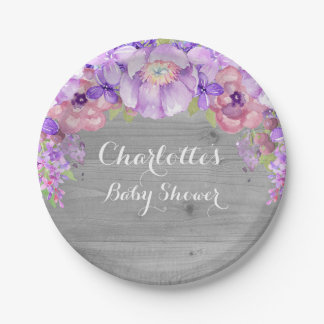 Plato De Papel Placa Baby Shower floral de color púrpura gris vin