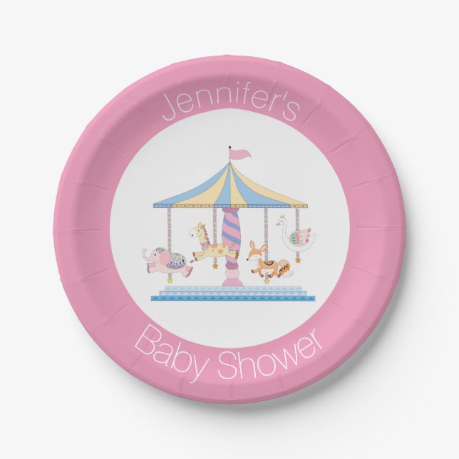 Plato De Papel Placa Baby Shower Pastel Animal Carousel (Anverso)