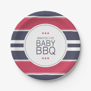 Plato De Papel Placa Baby Shower Preppy Red, White & Blue BBQ