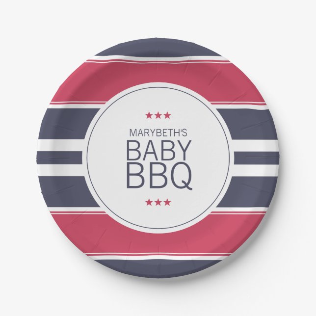 Plato De Papel Placa Baby Shower Preppy Red, White & Blue BBQ (Anverso)