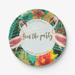 Plato De Papel placa bbq fiesta flamingo tropical con texto