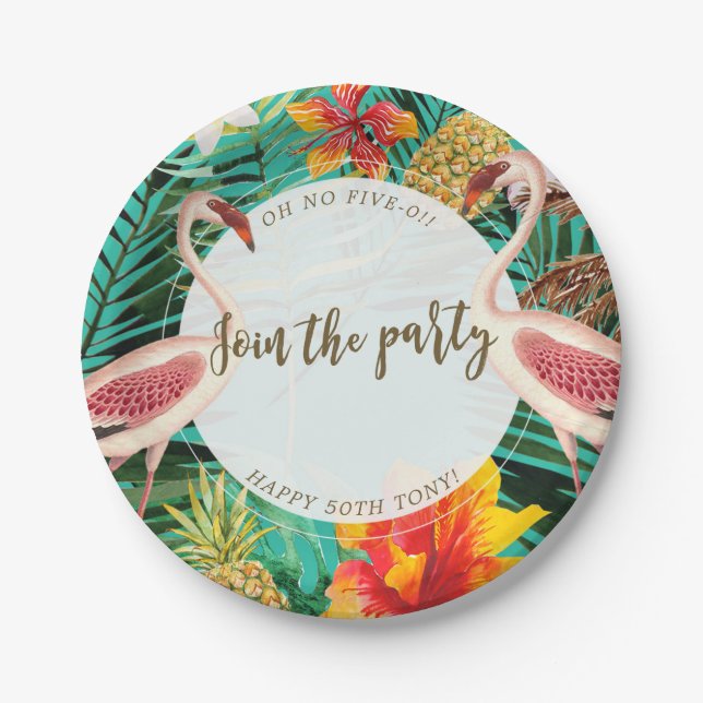 Plato De Papel placa bbq fiesta flamingo tropical con texto (Anverso)