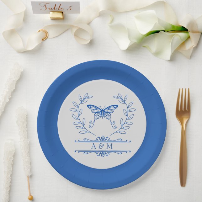 Plato De Papel Placa Boda monogramada de mariposa azul (Boda)