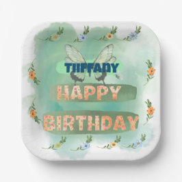 Plato De Papel Placa cuadrada de papel de flores y mariposas