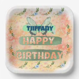 Plato De Papel Placa cuadrada de papel de flores y mariposas