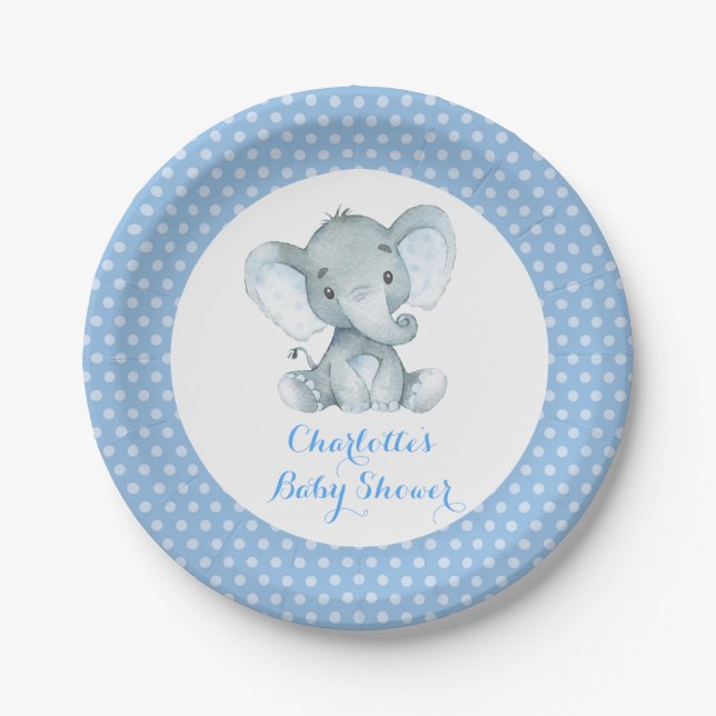 Plato De Papel Placa de 7" para el elefante Baby Shower Blue Fies (Anverso)