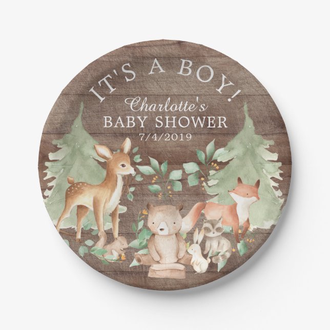 Plato De Papel Placa de Baby Shower 7" Rustic Woodland Animals (Anverso)